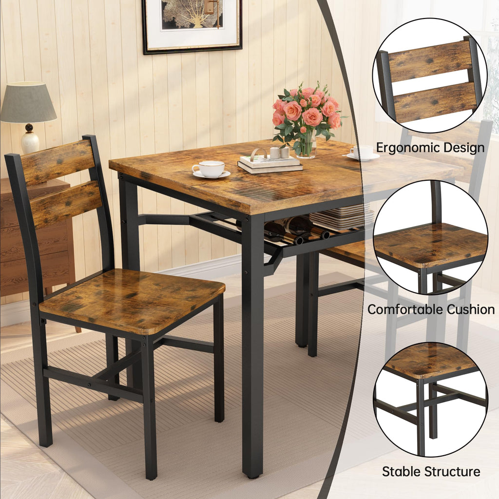 3 Piece Dining Table Set for 2, Small Wooden Kitchen Table with Storage, Farmhouse Square Dinette Set, Breakfast