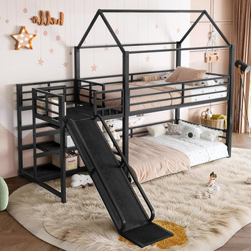 Twin Over Twin Bunk Bed with Slide, Kids House Floor Bunk Bed with Storage Stairs and Full Length Guardrail