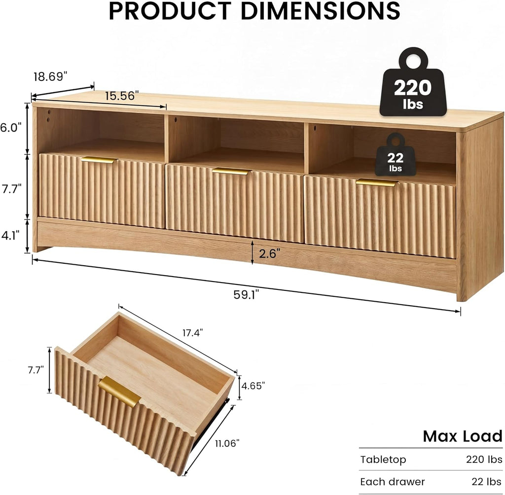 Fluted TV Stand for TVs Up to 65″, Mid-Century Modern Entertainment Center with Storage Drawers and Open Shelf, TV