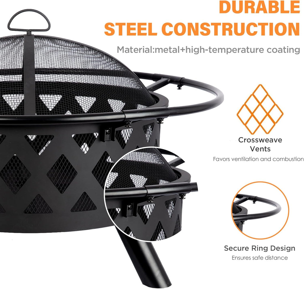 Red Mountain Valley 30'' Outdoor Wood Burning Fire Pit, 2-in-1 Large Round Fire Pit for Outside