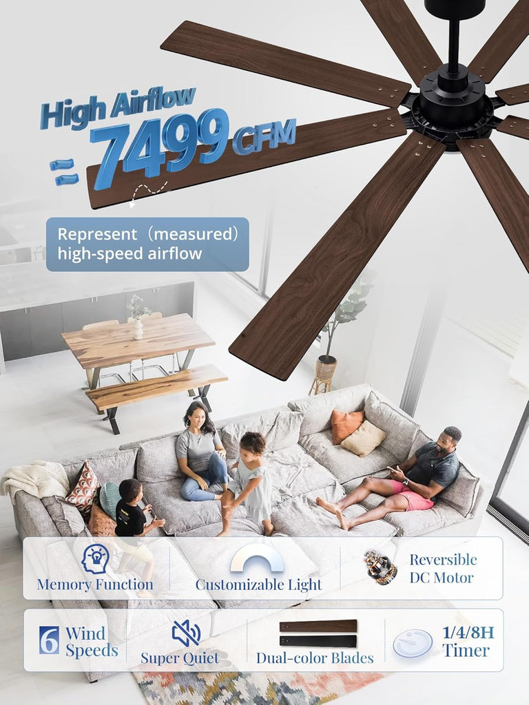 72 Inch Ceiling Fans with Lights and Remote, Dual-Sided Reversible Blades for Versatile Décor, Quiet DC Motor