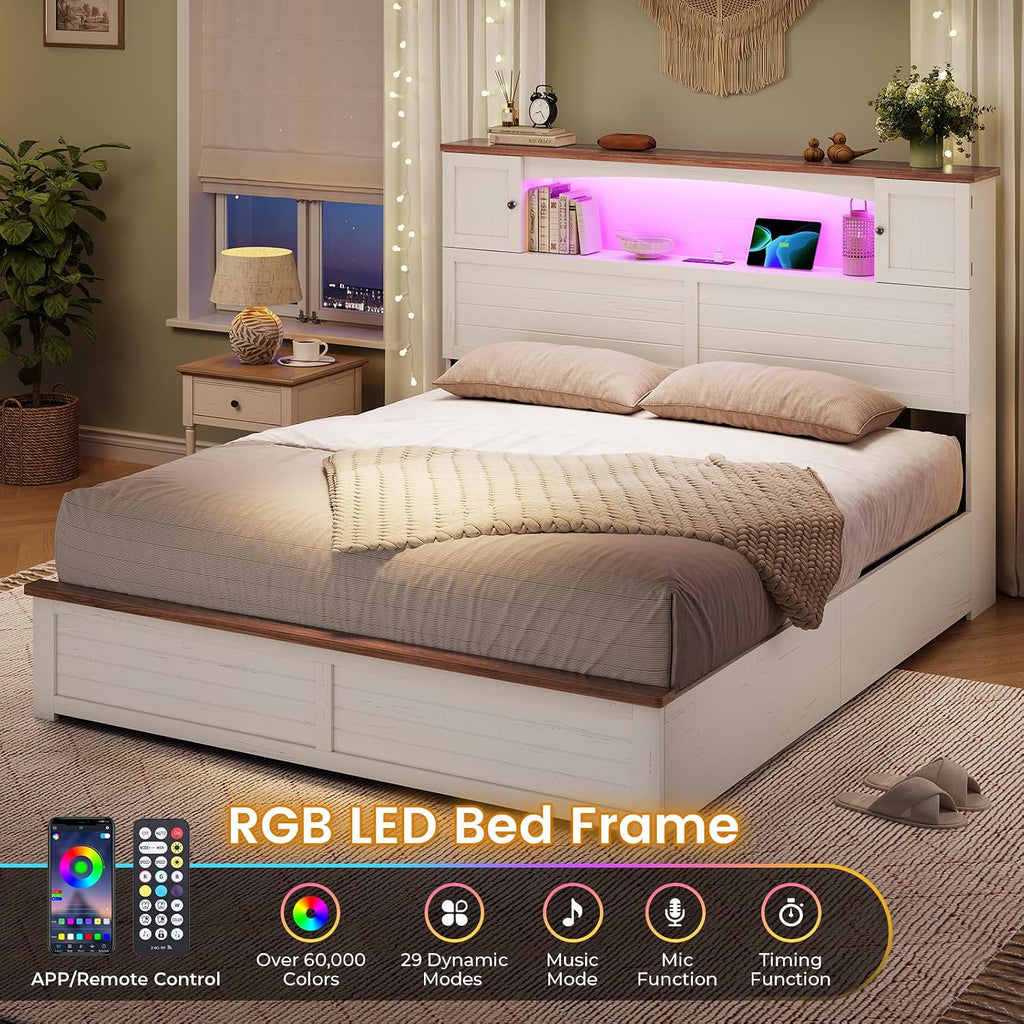 Farmhouse Queen Bed Frame with Bookcase and Storage Cabinets Headboard, Wood Platform Bed with LED Lights, Charging