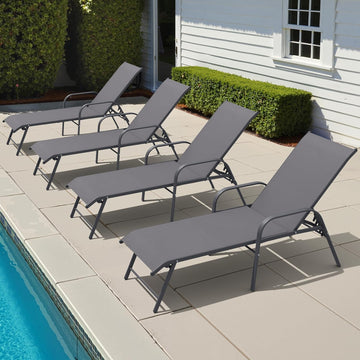 Chaise Lounge Outdoor, Aluminum Pool Lounge Chairs Set of 4 (Gray) | 5-Position Adjustable Backrest with Armrests