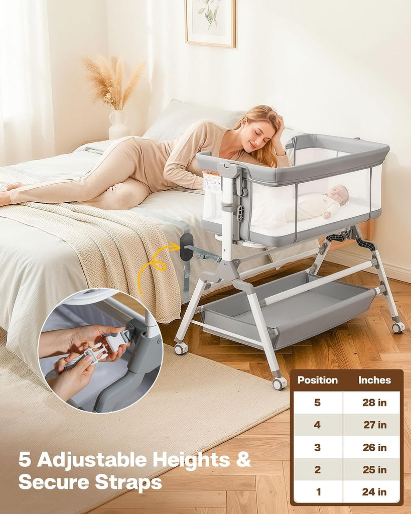 3 in 1 Baby Bassinet Bedside Sleeper, Adjustable Bedside Bassinet for Baby, Womb-Like Rocking Bassinet with Wheels