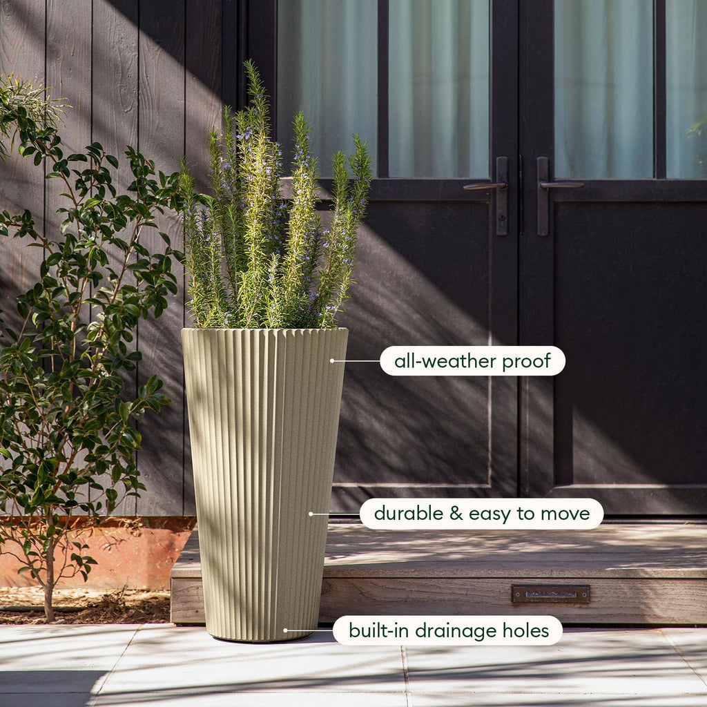 Demi Series Tall Planter - Tall Tapered Outdoor Planter with Shelf | Made From a Durable Plastic-Stone Composite