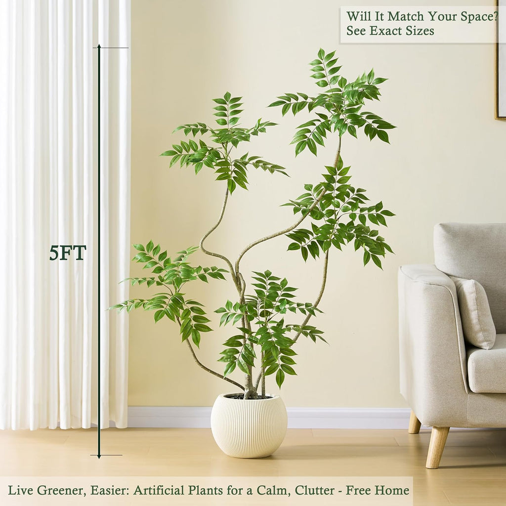 Artificial Sumac Tree:5FT Faux Mahonia Fortunei Tree Realistic Fake Floor Plant Silk Leaves & Elegant Branches in Pot