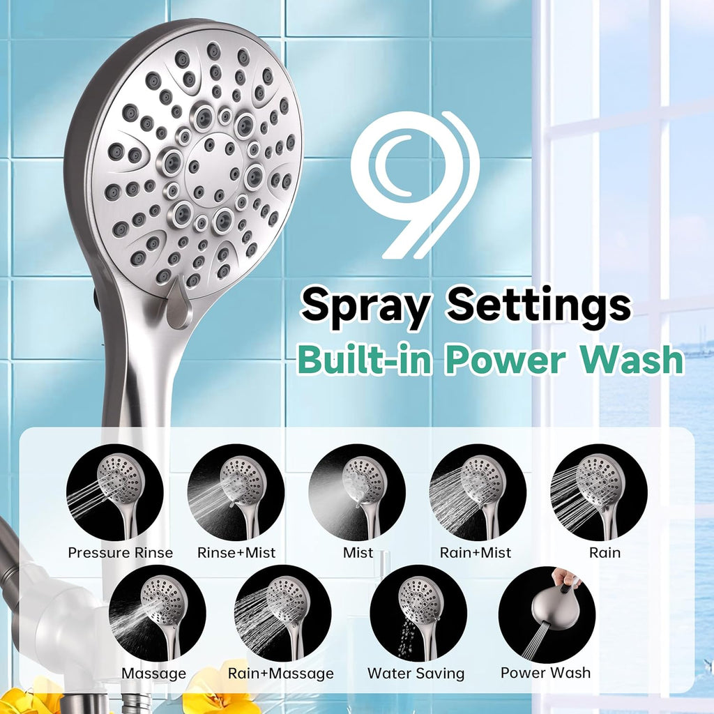 High Pressure Shower Head with Handheld, 9 Spray Settings Showerhead Built in Power Wash to Clean Tub and Pets