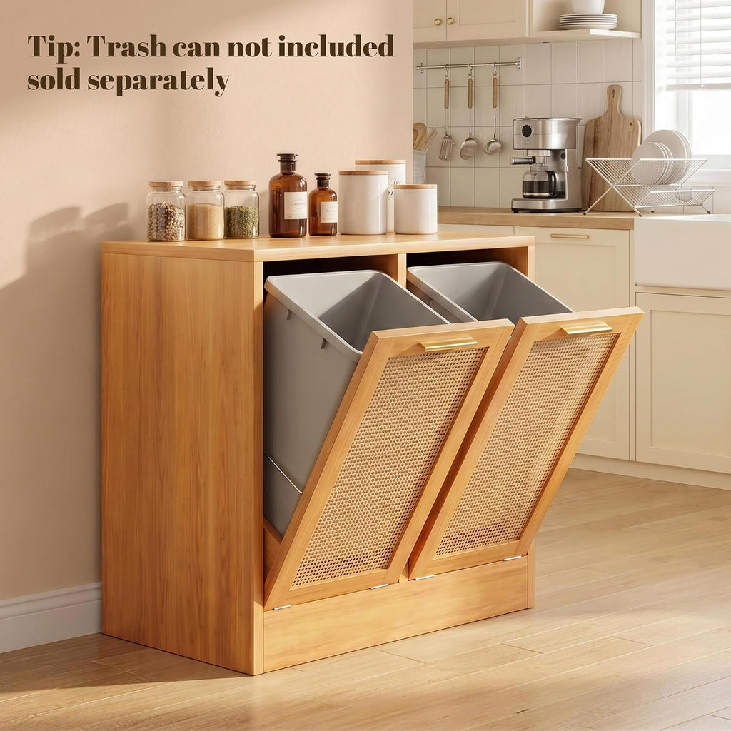 Laundry Cabinet, Bathroom Cabinet with with Breathable Real Rattan Design, Clothes Storge Basket with 2 Removable