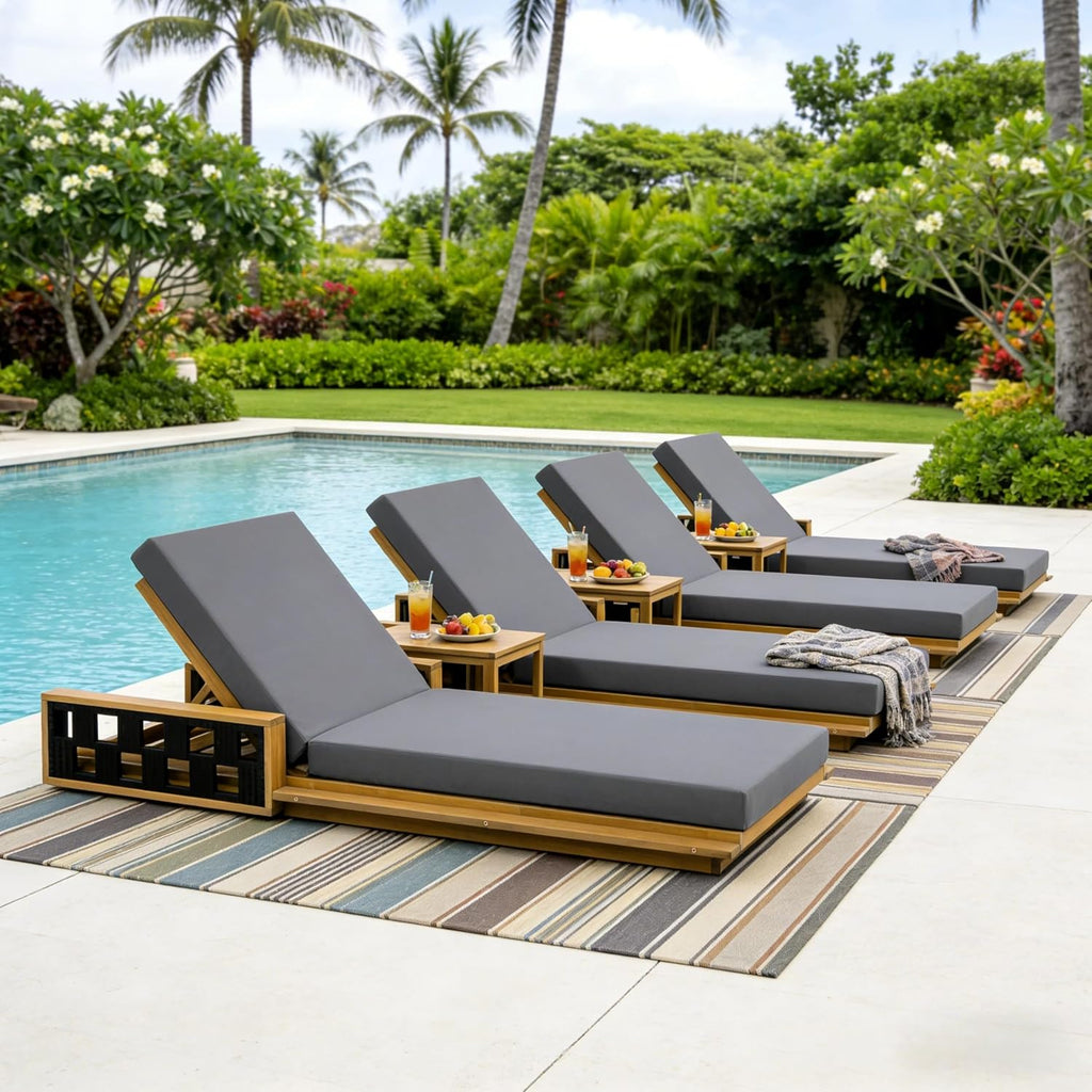Acacia Wood Chaise Lounge with Dark Gray Cushion, 4" Thick Cushion, 300 lbs, Patio, Poolside, Garden, Indoor Use