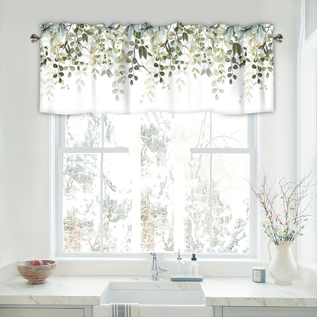 Sage Green Eucalyptus Leaves Curtain Valance for Windows Watercolor Window Treatments 1 Panel Short Curtains