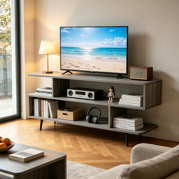45 inch TV Stand, Mid Century Modern TV Stand, Entertainment Center with 3-Tier Open Storage Shelves, Media Cabinet