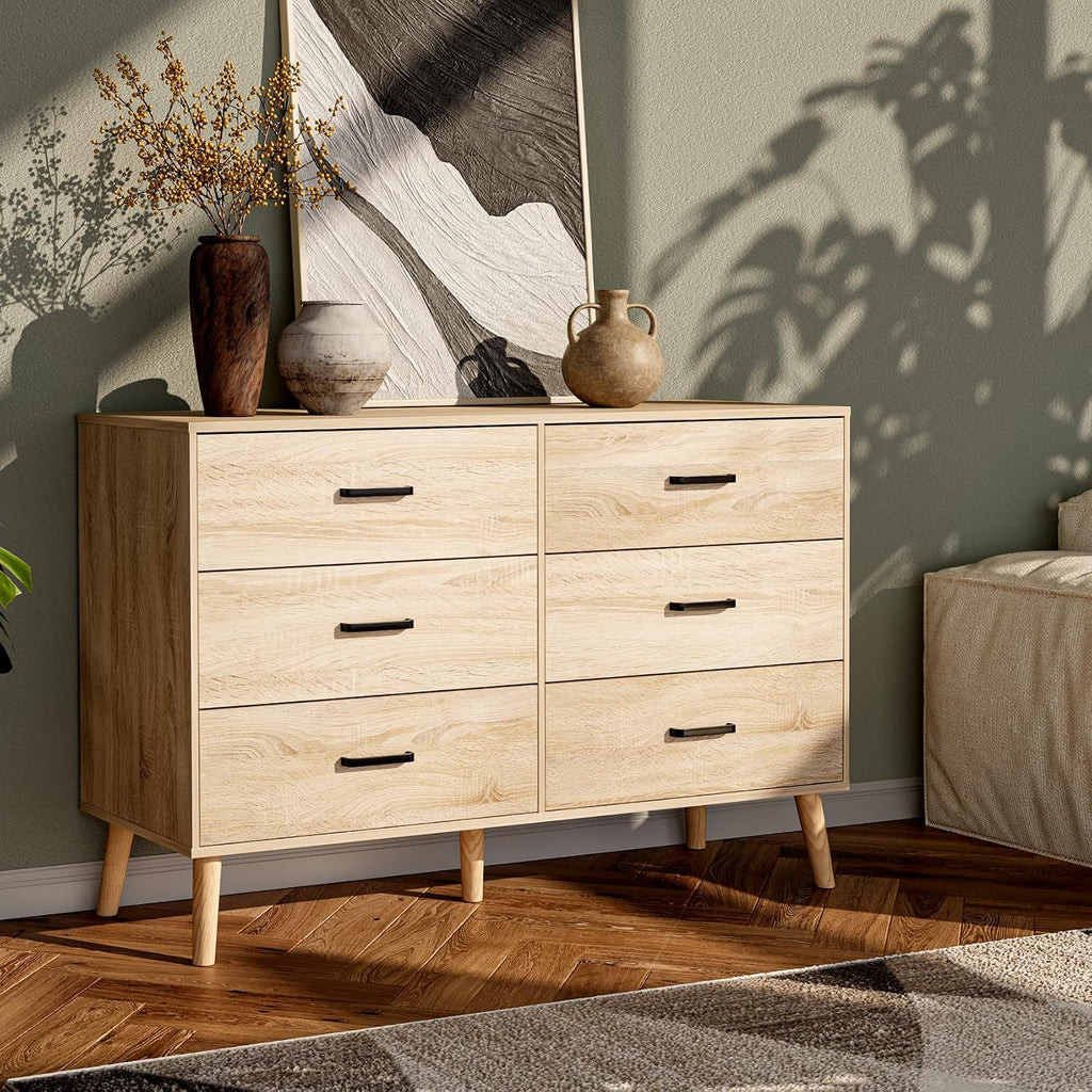 Wood Dresser , 6 Drawer Dresser with Metal Handles, Mid Century Modern Chest of Drawer Large Storage Organizer