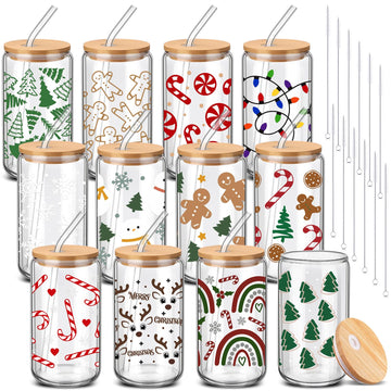 12 Sets Christmas Glass Cups with Lids and Straws 16 oz, Gingerbread