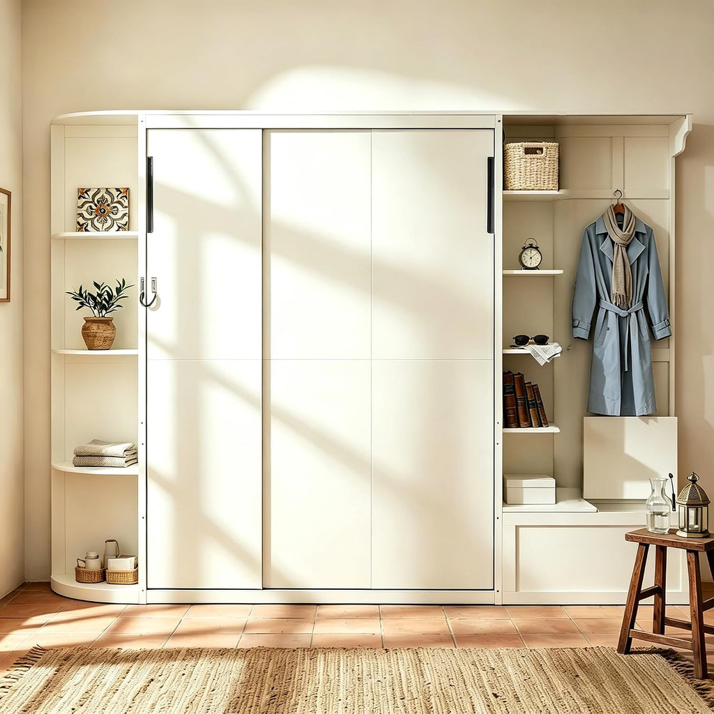 Queen Murphy Bed with Storage and Lights, Hidden Fold-Out Legs, Foldable Murphy Cabinet Bed with Hook, Built-in