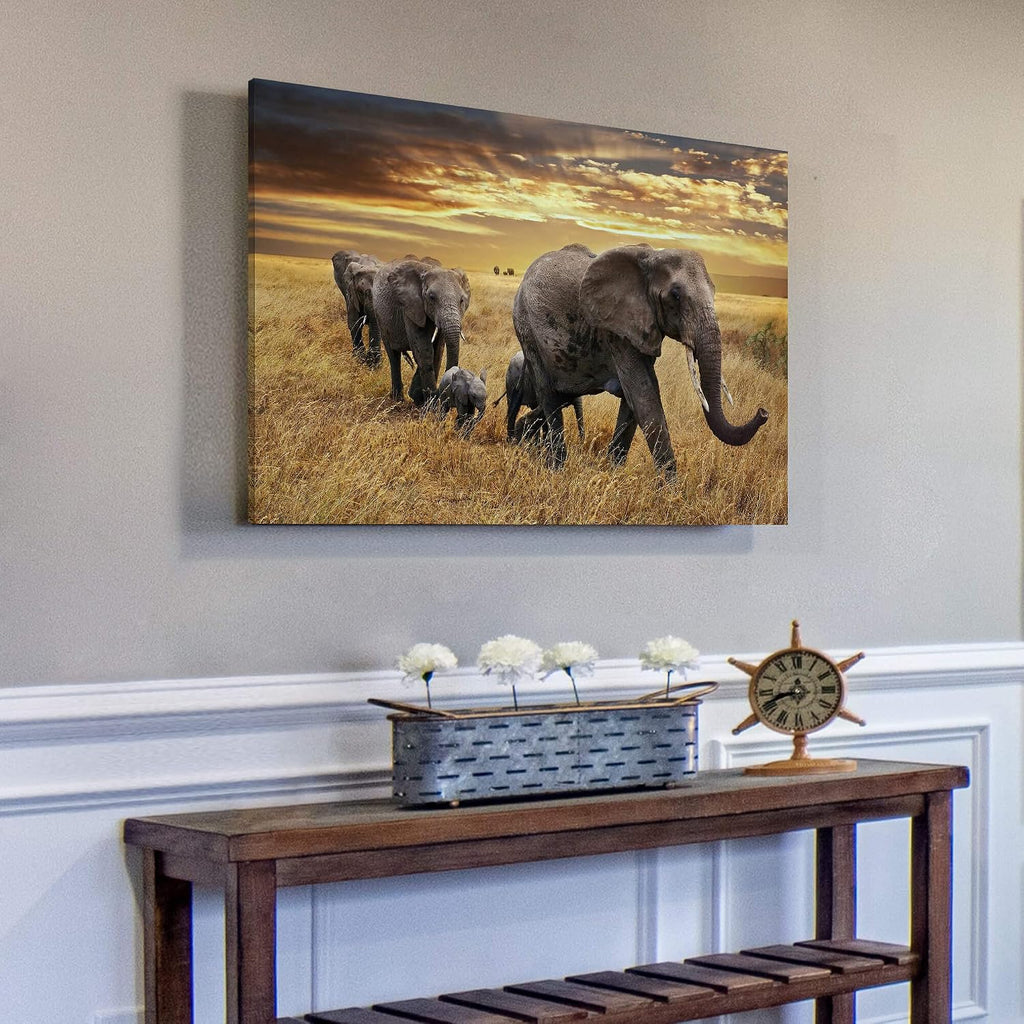 Elephant Canvas Picture Wall Art: Elephant Family Migrate Painting yellow Autumn Sunset Prints Panoramic Animals