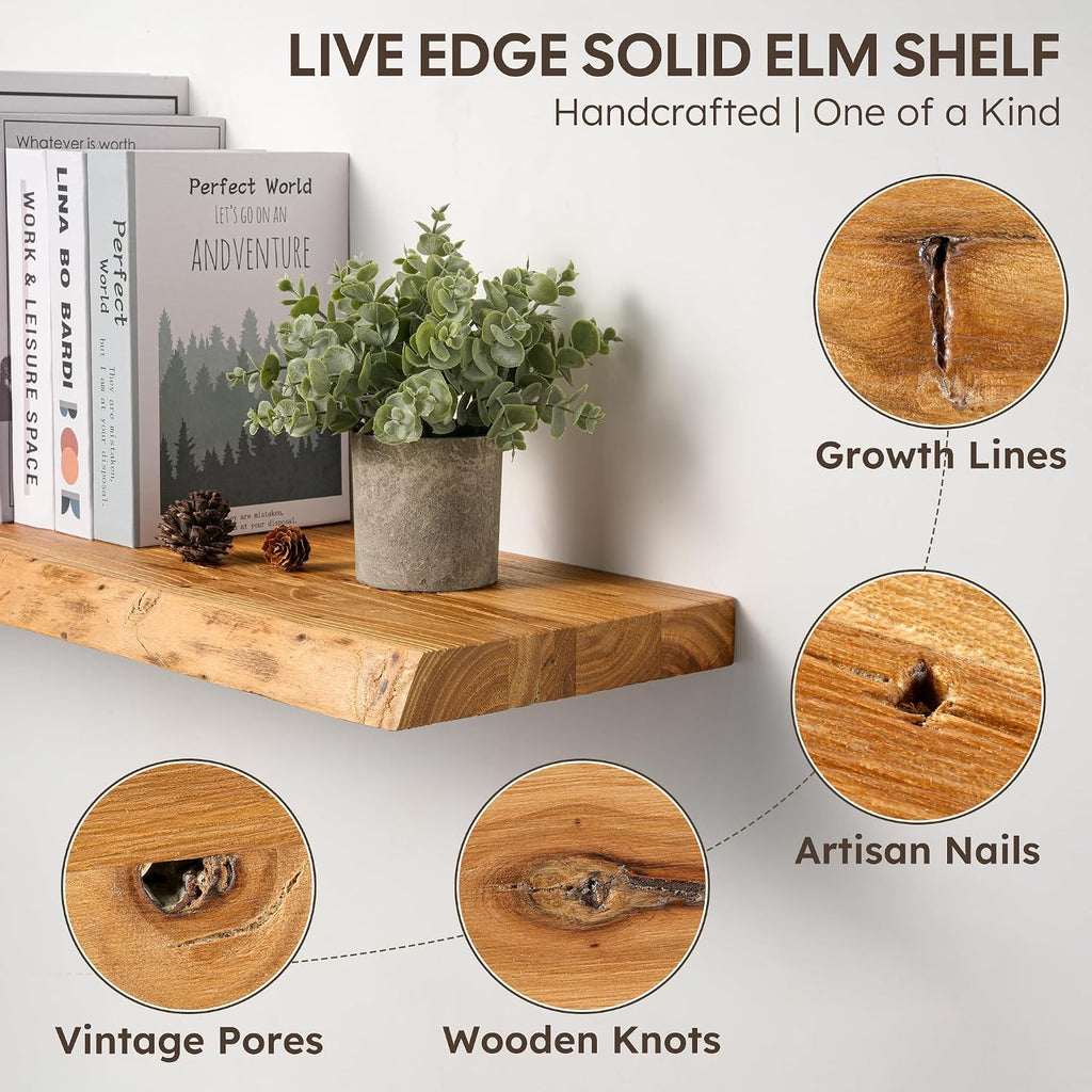 Floating Shelves Set of 2, Solid Elm Wood 24 Inch Wall Shelving | Natural Live Edge Grain, Heavy Duty Hidden