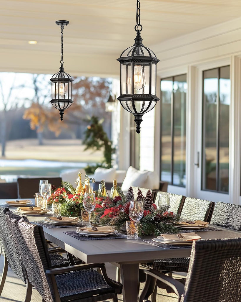 20" Large Outdoor Pendant Light, Black Outdoor Chandelier for Porch with Tempered Beveled Glass