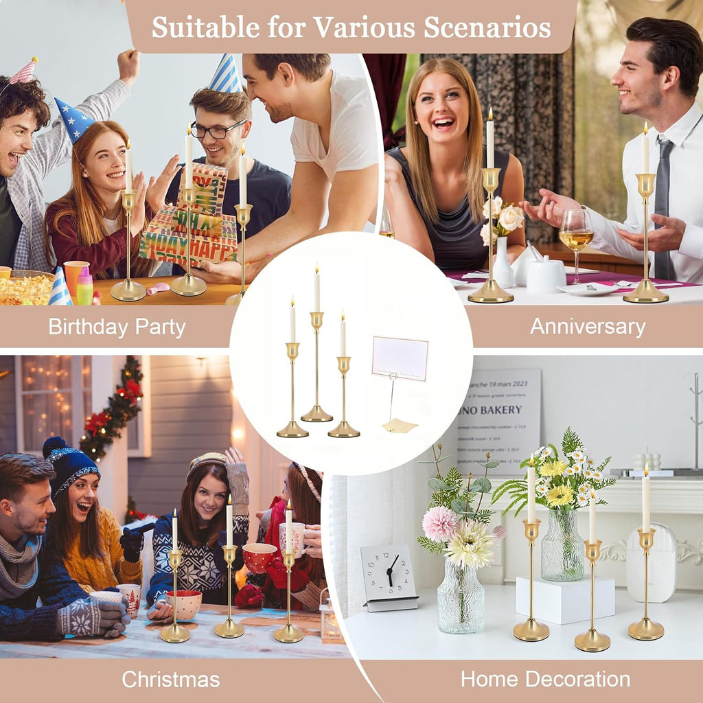 Candle Holders Set - 6 Metal Tall Candlestick Holders & 2 Label Holders & 5 Greeting Cards for Banquet Centerpieces