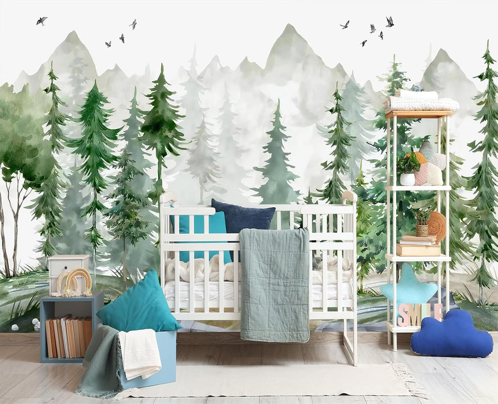Peel and Stick Nursery Forest Wallpaper Watercolor Pine Tree Mural | Tear-resistant,with a substantial feel;Will not
