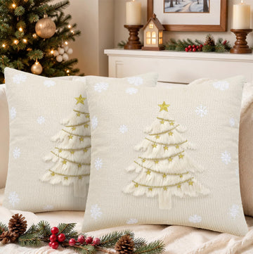 Tree Pillow Covers 20x20 Set of 2, Faux Fur, Embroidery, Beige