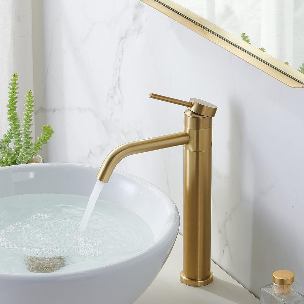 Gold Vessel Sink Faucet, 360 Swivel Brushed Gold Vessel Faucet, Single Handle Tall Body Farmhouse Vessel Faucet