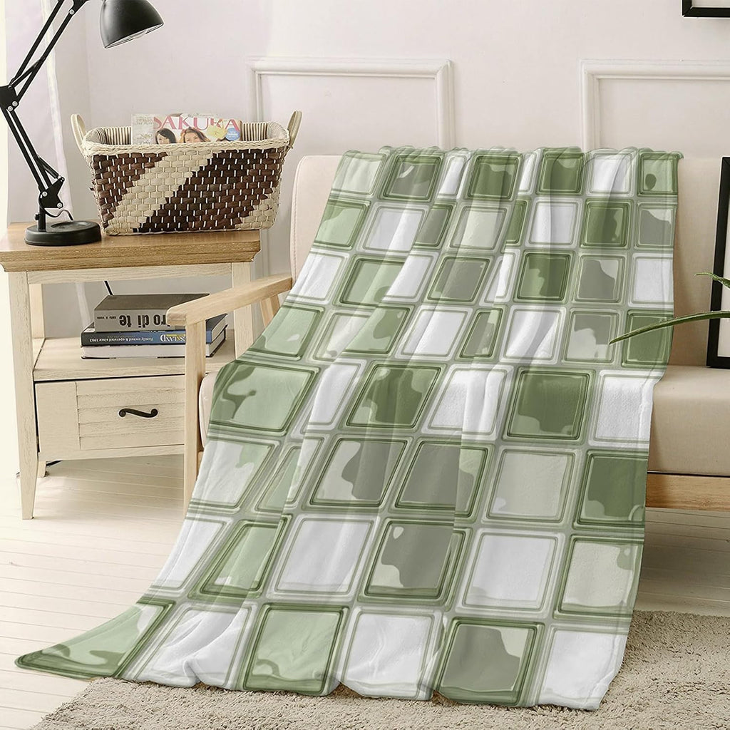 Coastal Aesthetic Throw Blanket Boho Sage Green Squares Mosaic Flannel Cozy Soft Warm Fleece Blankets, 50 x 60 inch