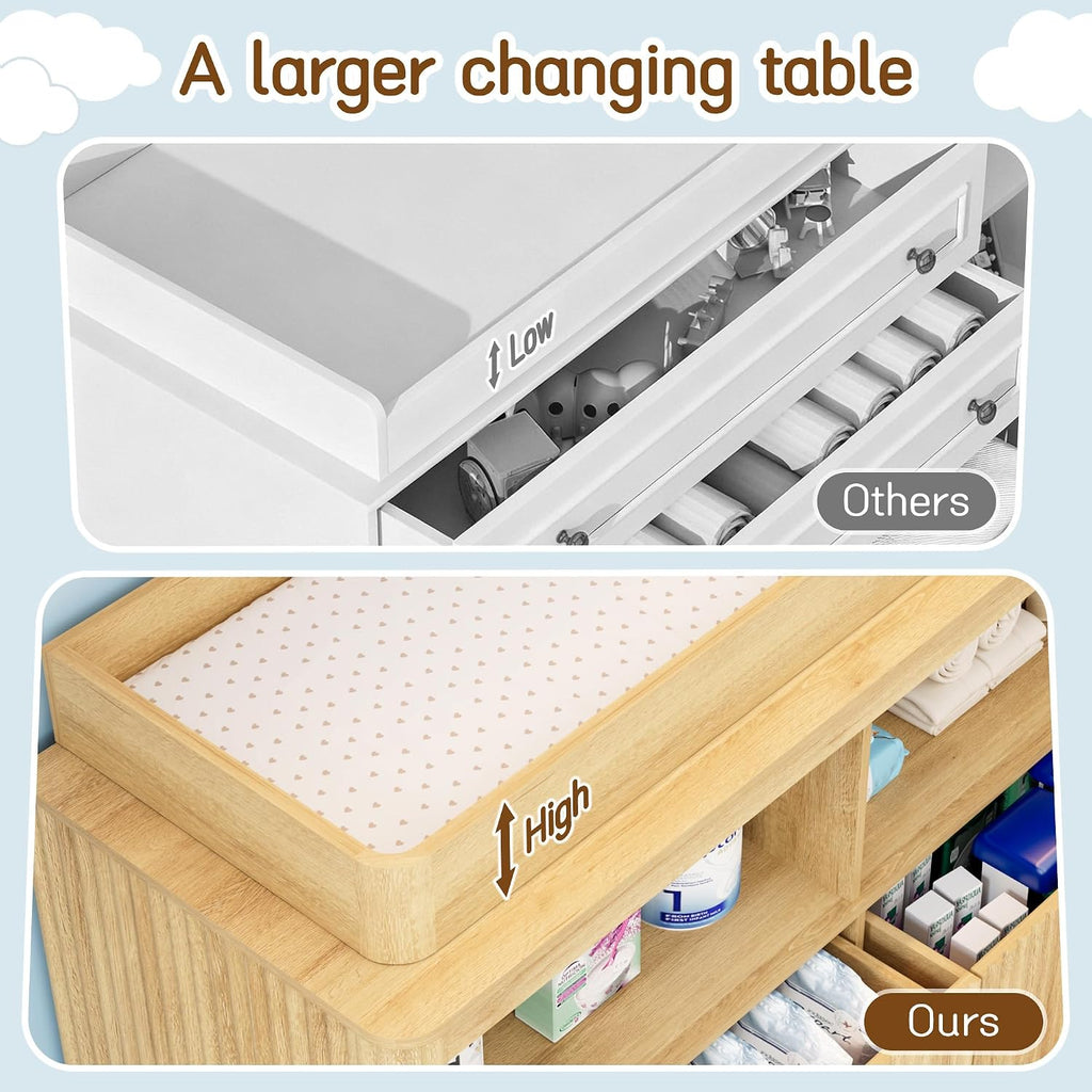 Changing Table Dresser, 4 Large Drawers Wood Baby Nursery Dresser with Raised and Detachable Changing Table Top