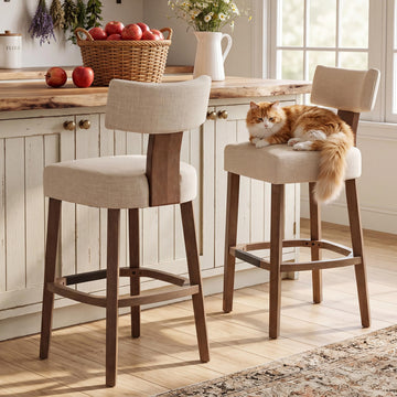 30'' Extra Tall Farmhouse Bar Stools Set of 2, Linen Upholstered Bar Height Stools with Curved Back, Solid Hardwood