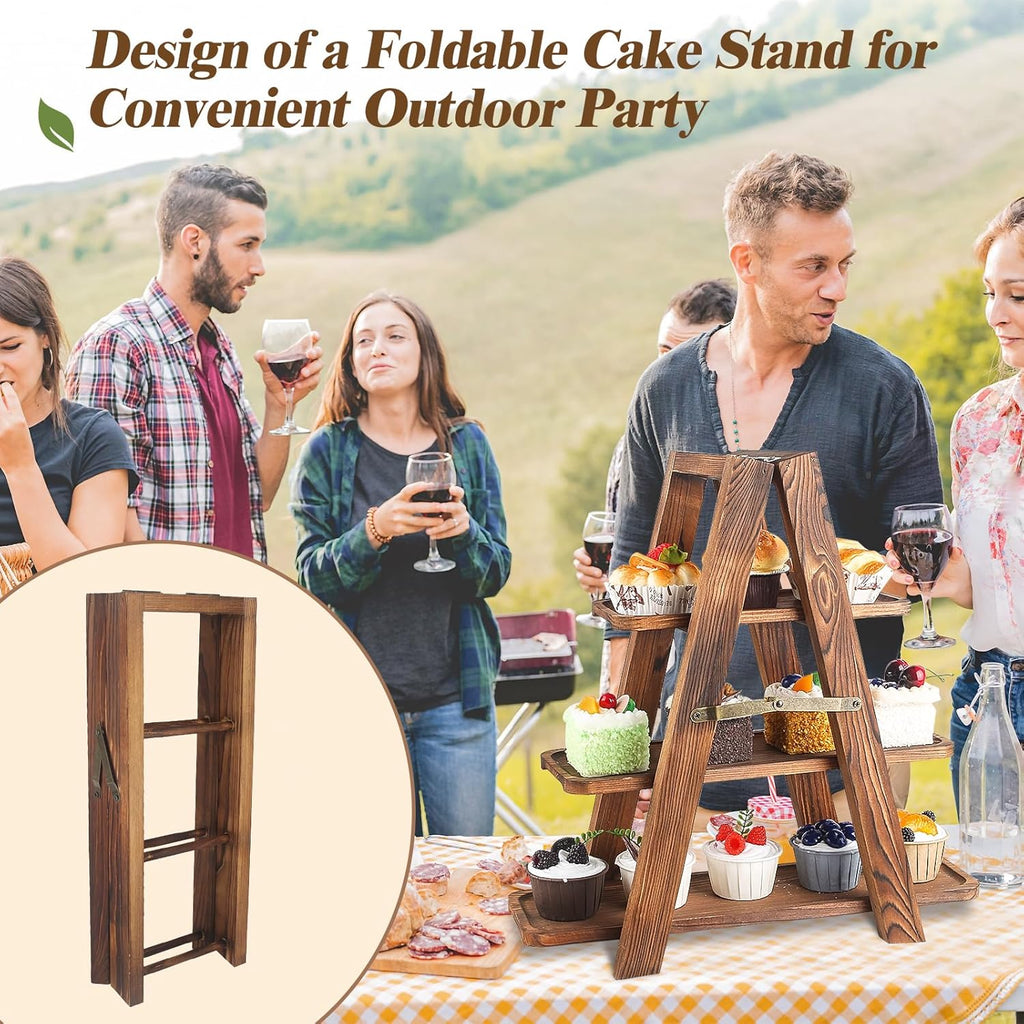 Wooden 3 Tier Cupcake Stand with Swing and Flower Decoration Serving Removable Tray Display Serving Ladder Foldable