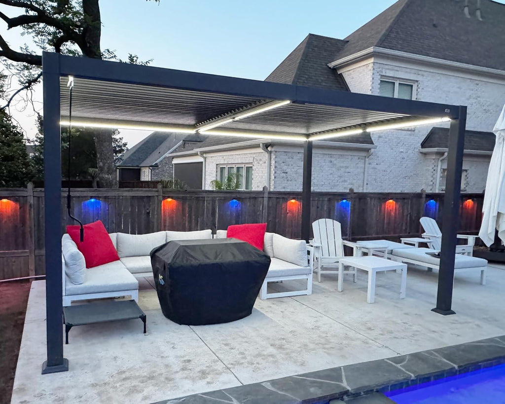 Solar Louvered Pergola 92KS 10' x 12' with LED String Lights and Control Panel Aluminum Outdoor Pergola with