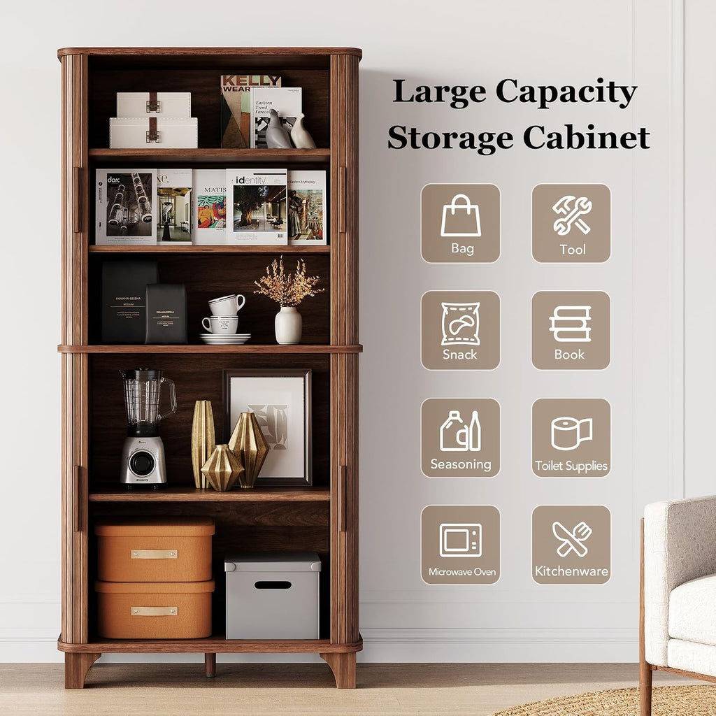 69" Tall Kitchen Pantry Storage Cabinet with Sliding Door, Modern Curved Edge Pantry Storage Cabinet with 5 Shelves