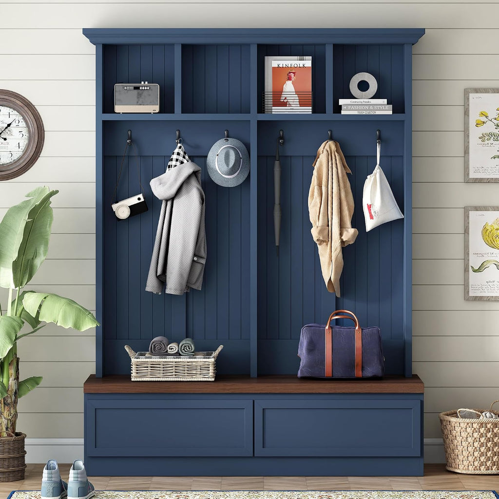 Wood Hall Tree with 6 Hooks & Entryway Bench, Farmhouse Mudroom Versatile Coat Racks with 2 Large Drawers, Entrance