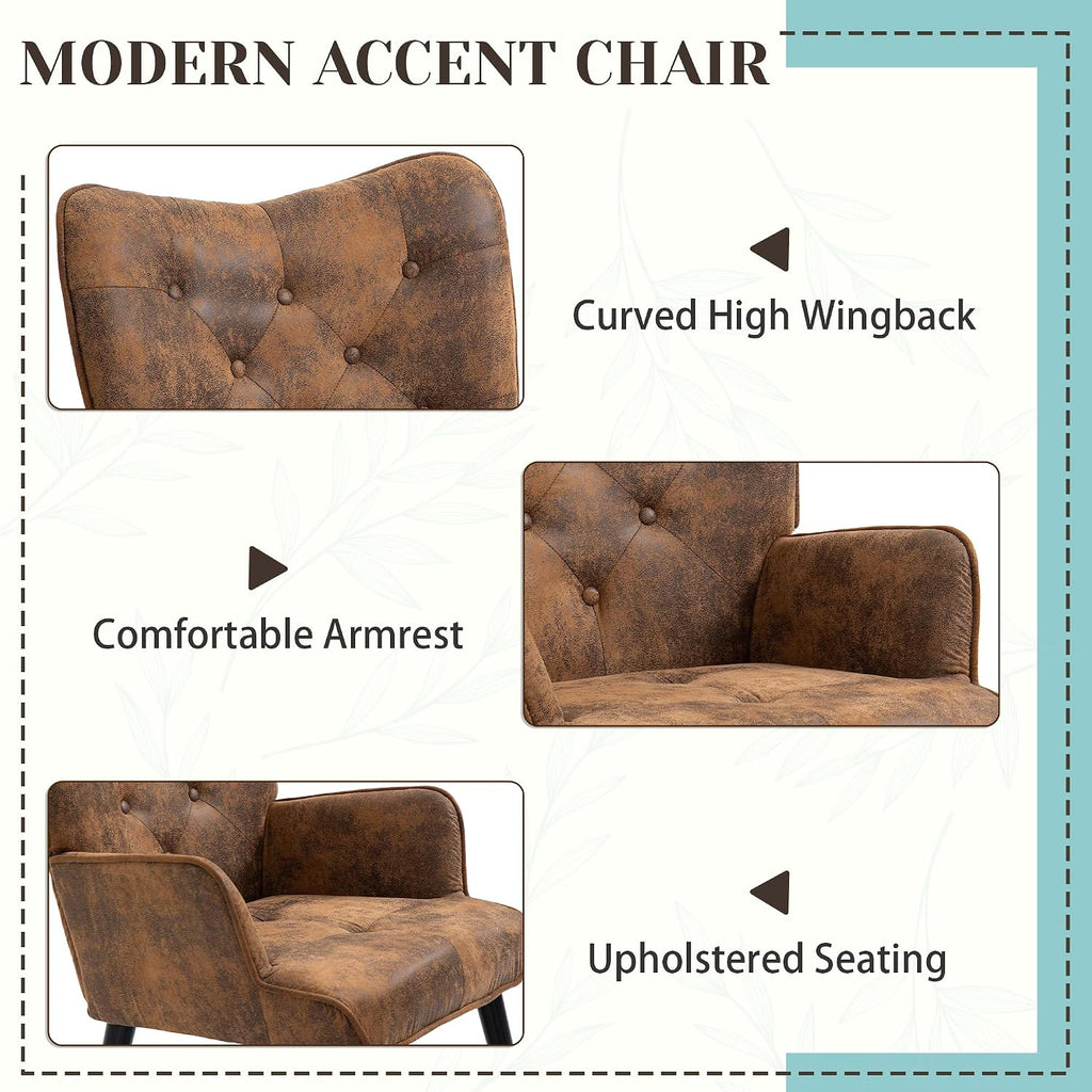 Accent Chair with Ottoman, Brown Button Tufted Wingback Chair | Soft Upholstered Fabric; High Density Thick Sponge;