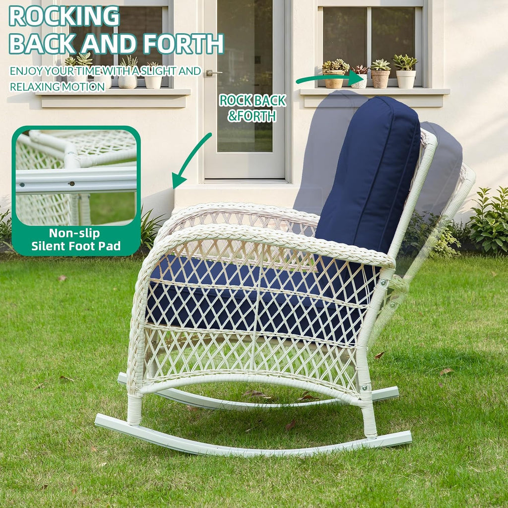 Outdoor Wicker Rocking Chair, Patio Rattan Rocker Chair with Cushions & Steel Frame, All-Weather Rocking Lawn