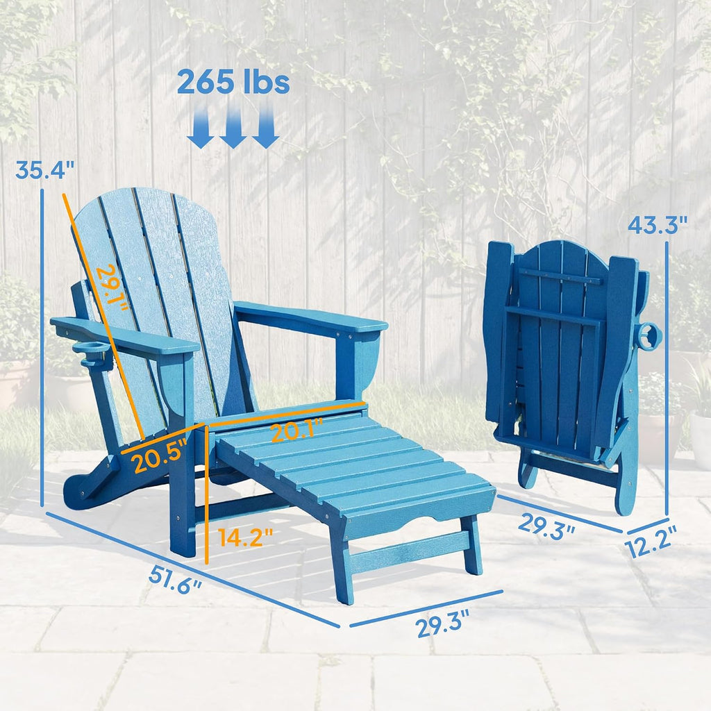 Folding Adirondack Chair Set of 2 with Retractable Ottoman Blue | Outdoor HDPE Fire Pit Chair, Cup Holder, Large