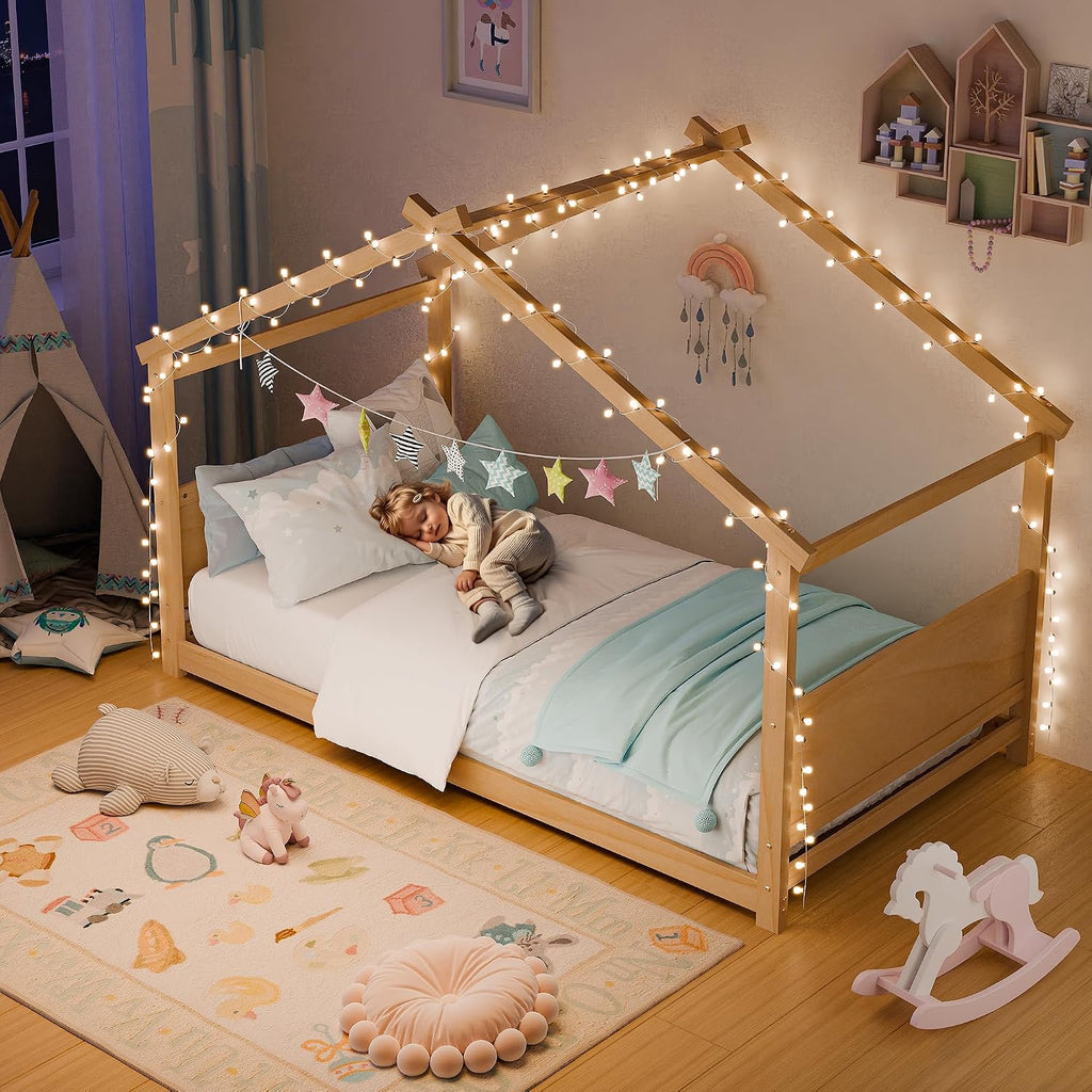 Tw Bed, Montessori Floor Bed with Headboard & Footboard, Solid Wood Bed Frame for Toddlers Kids Bedroom, Natural