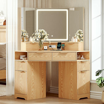 Corner Makeup Vanity Desk with 3 Way Mirror and Lights,48" Large Vanity Table with 6 Drawers & Storage Cabinets