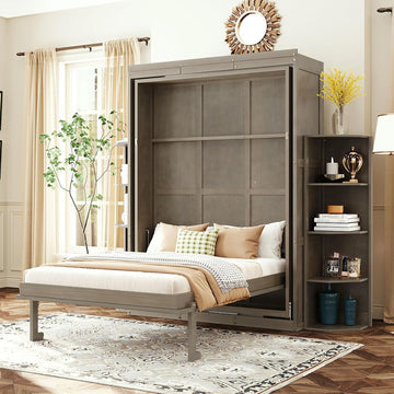 Murphy Bed Queen Hideaway Wall Chest with Cabinet,Dual 3-Tier Side Shelves,Convertible Desk,Space-Saving