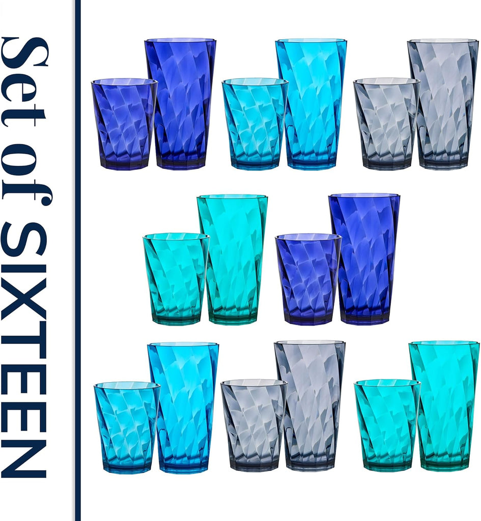 Optix Plastic Reusable Drinking Glasses (Set of 16) 14oz Rocks & 20oz Water Cups in Coastal Colors | BPA-Free