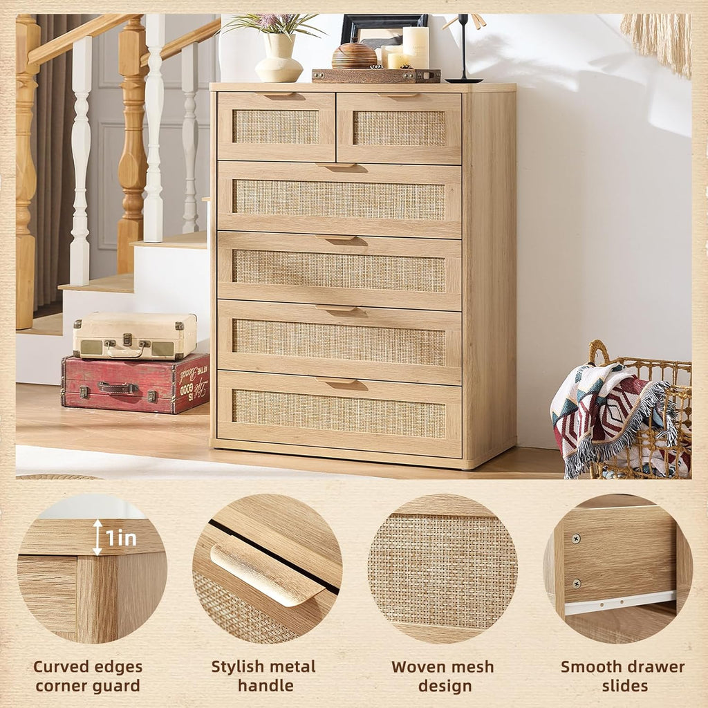 Rattan Dresser , 41" Tall Chest of Drawers | Gold Metal Handle, Oak Modern 6 Drawers Boho Dressers with Storage