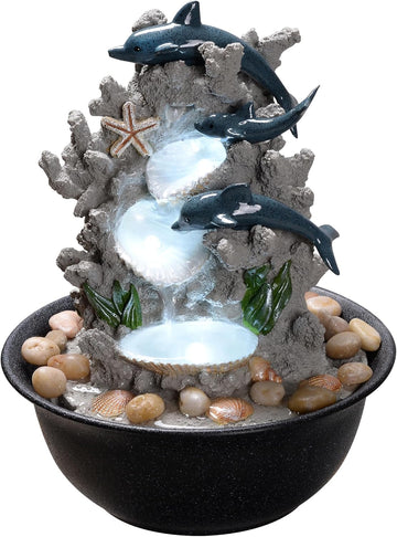Indoor Tabletop Dolphin Water Fountain with LED Light - Ocean Theme Desk Decor and River Rocks, Relaxing Sound