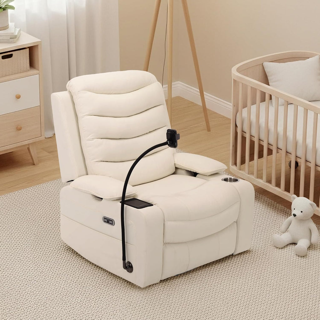 Power Glider Recliner Nursery Chair, Leather Swivel Rocking Chair, Beige | with Electric Lumbar Support, USB