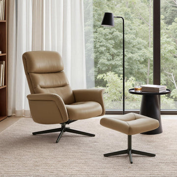 Modern Reclining Swivel Lounge Chair and Ottoman — Genuine Leather