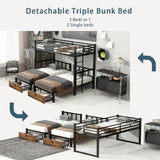 Triple Bunk Bed for Kids,Detachable TwinXL Over Twin Over Twin Metal Bunk Bed with Guardrails,Ladder &