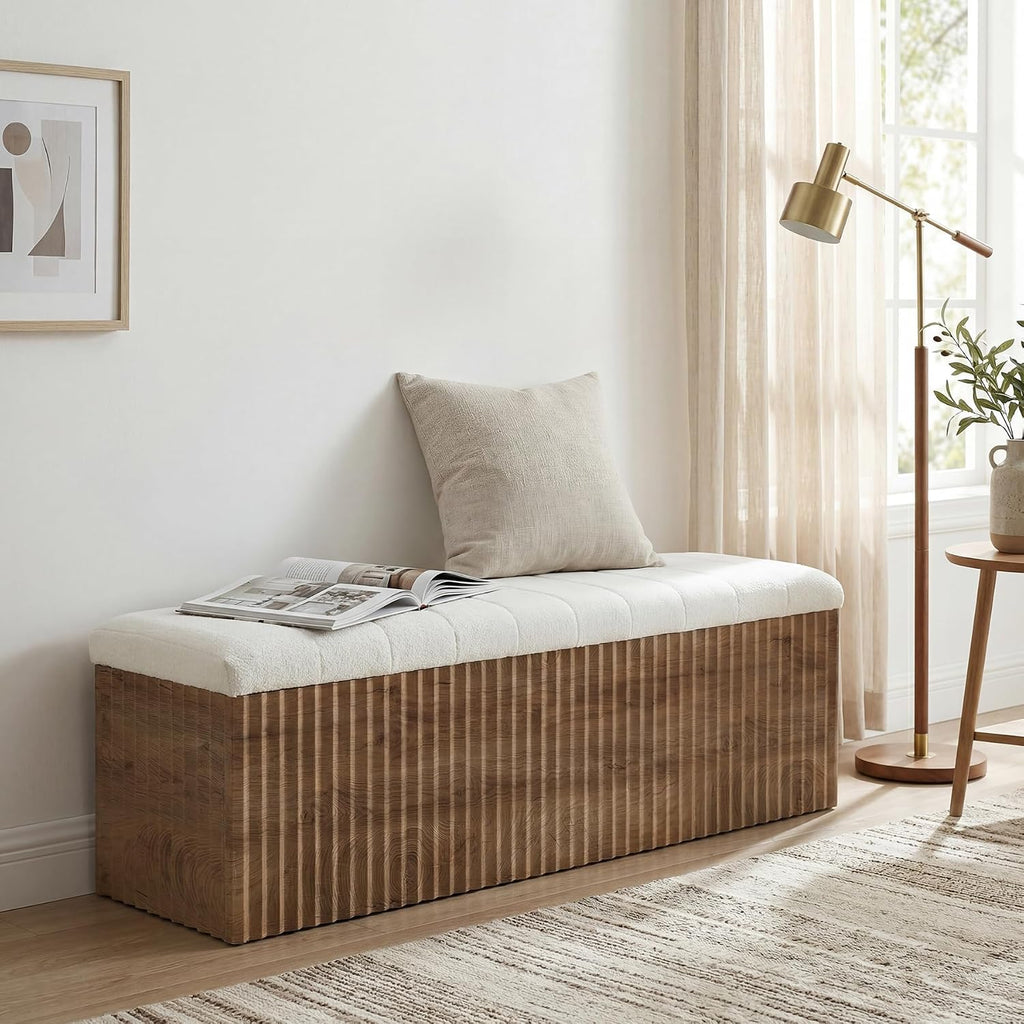 Upholstered End of Bed Storage Bench, 63" Farmhouse Wooden Entryway Bench with Cushion, Padded Ottoman with Shoe