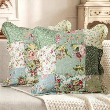 Set of 2 Patchwork Cotton Quilted Decorative Square Throw Pillow Covers with Scalloped Floral Pattern Soft Cushion