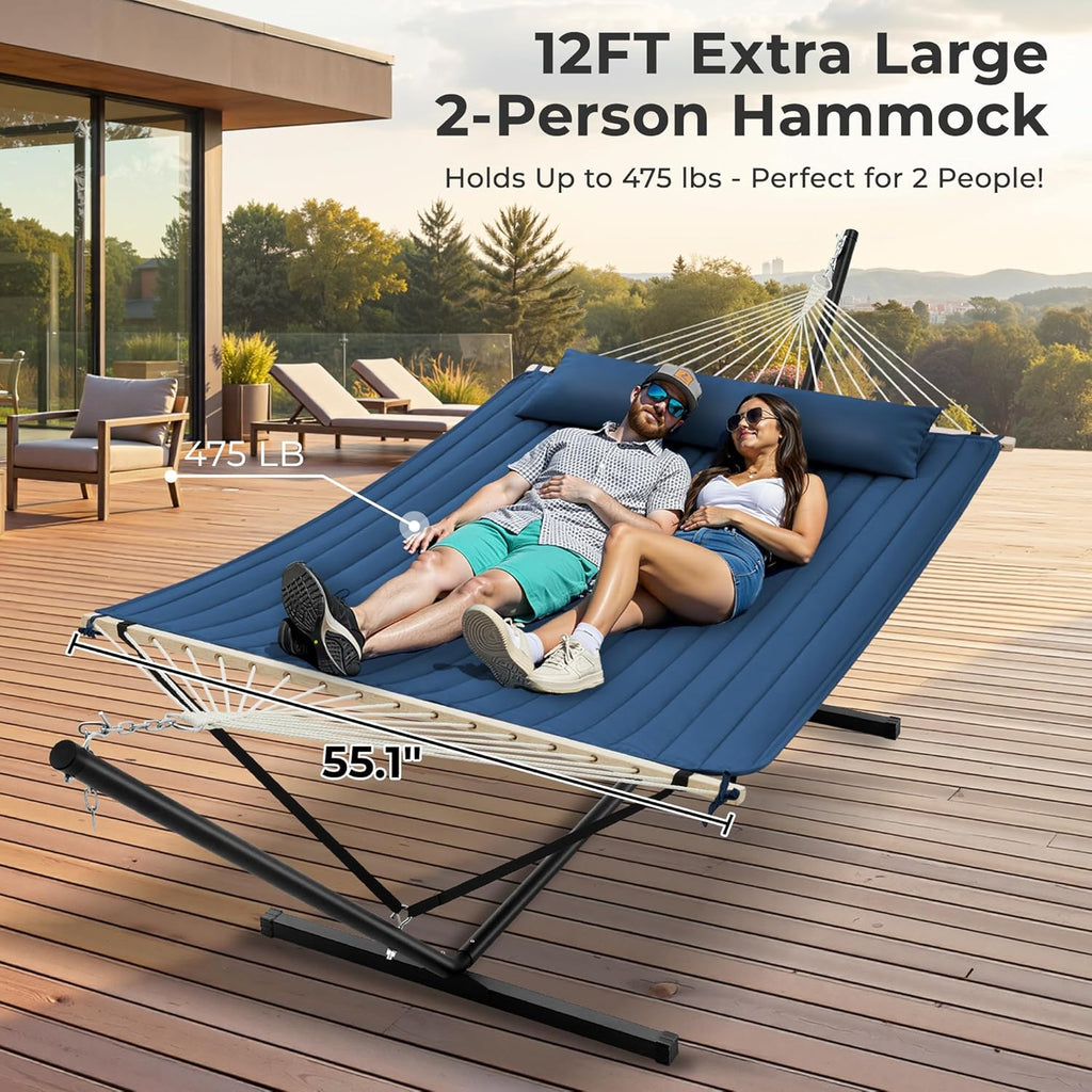 12ft Double Hammock with Stand, Rope Hammock for 2 Person, Detachable Hammock Bed and Pillow, Portable, Anti-Tip