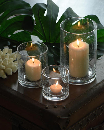 Glass Candle Holders Set, 3 Sizes 8" 5" 3.5" Height | Hurricane Vase Centerpieces, Clear Seeded Bubbles Cylinder For