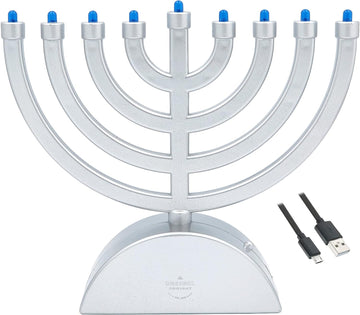 Silver Matte Mini Electric Classic , 7.3" Inch Classic Hanukkah , LED Travel Menora, Batteries or USB Powered, Micro