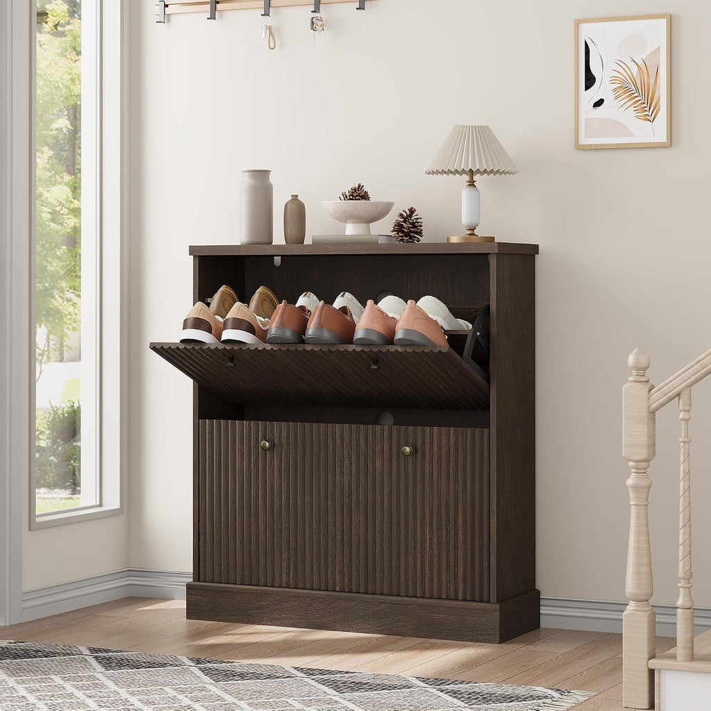 Fluted Shoe Cabinet with 2 Flip Drawers, Narrow Cabinet with Adjustable Shelves and Elegant Handles, Wooden Shoe